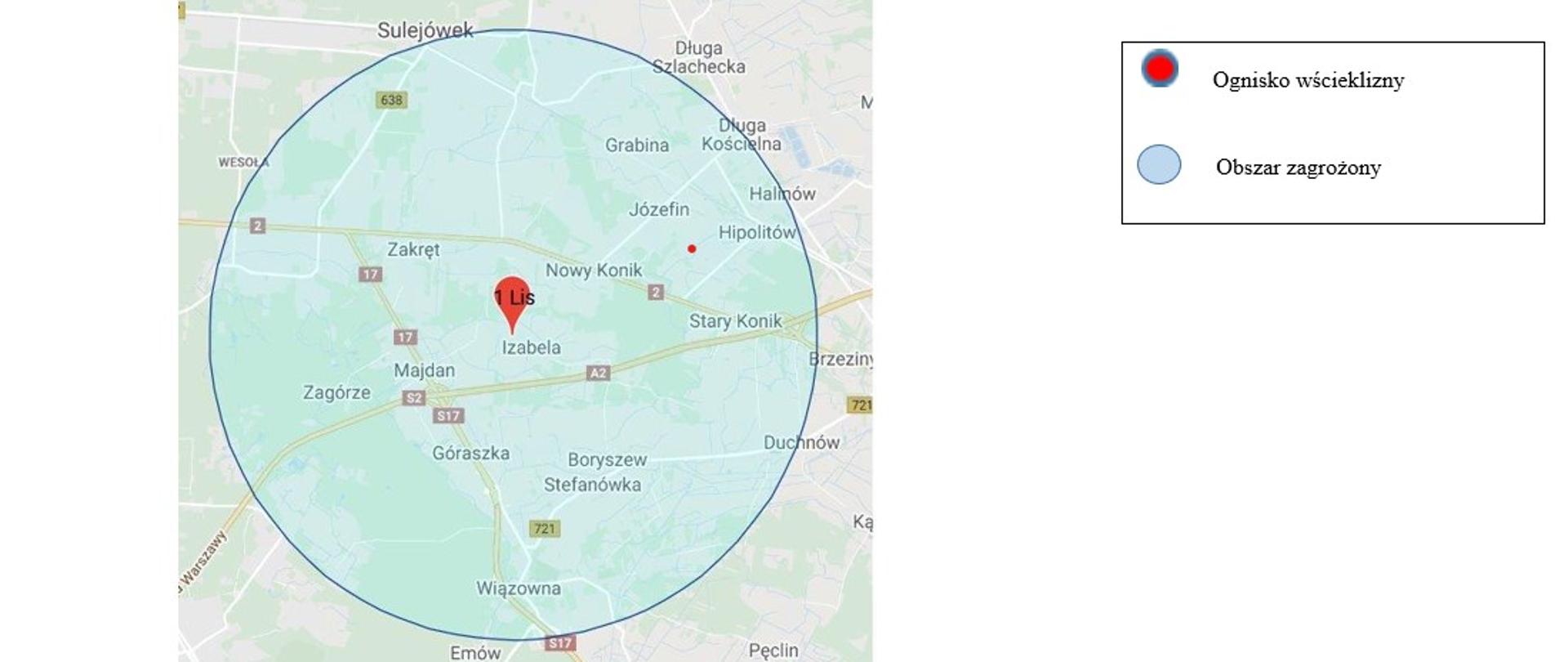 Grafika przedstawiająca mapę z zaznaczonym obszarem wścieklizny oraz obszarem zagrożenia wścieklizną na terenie powiatu otwockiego, mińskiego i m.st. Warszawy. 