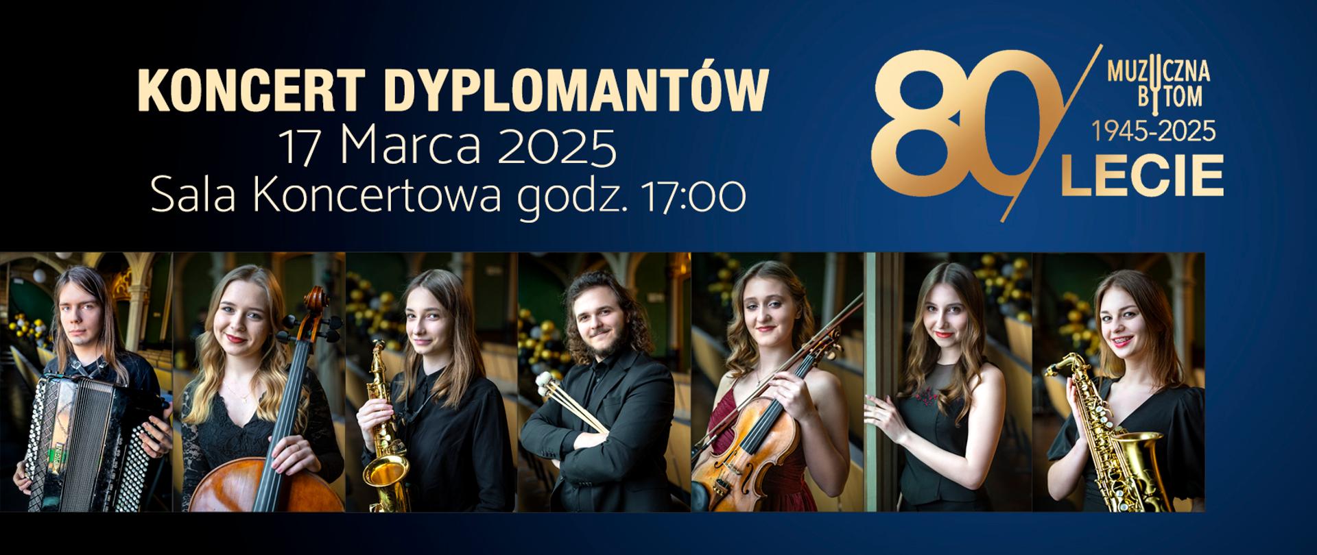 Na górze banera, po lewej stronie plakatu nazwa wydarzenia, data, miejsce, godzina. Po prawej stronie logotyp jubileuszowy szkoły. Poniżej zdjęcia solistów - dyplomantów szkoły.