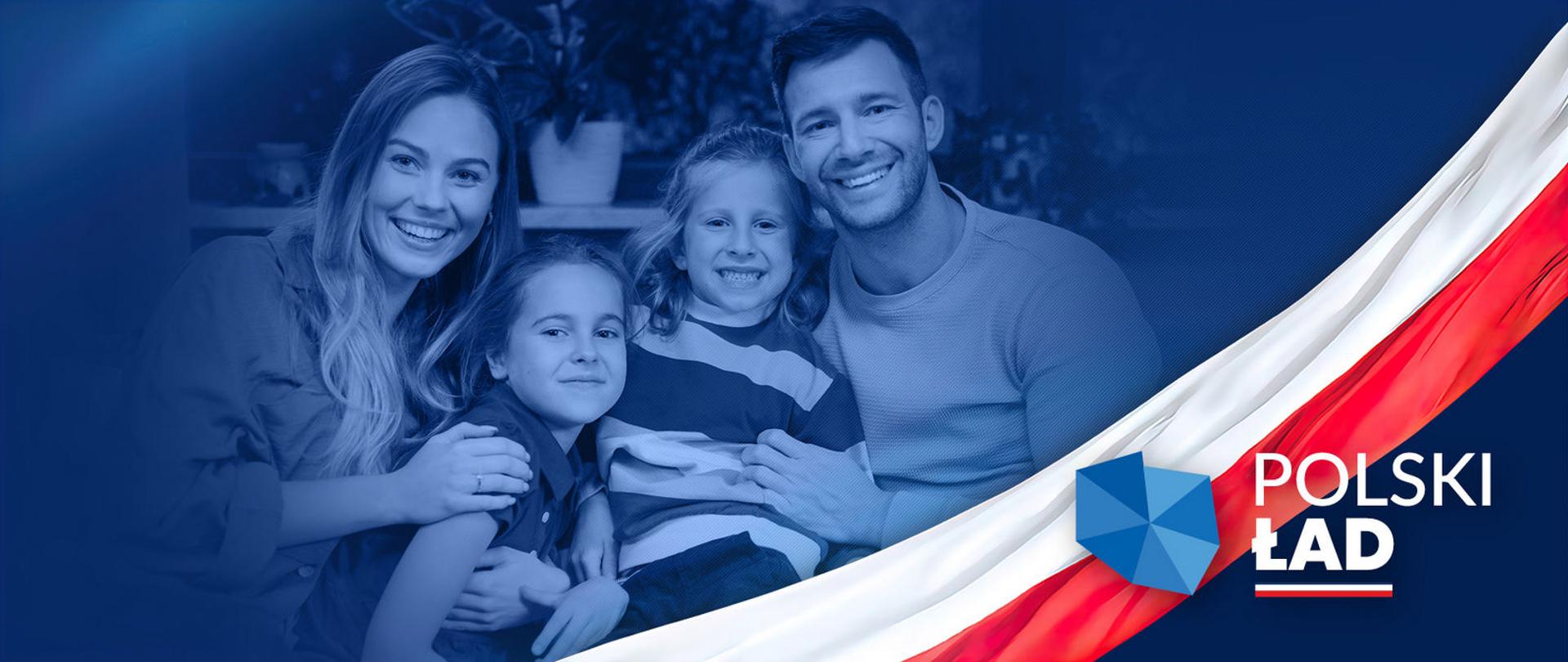 Logo Polski Ład i zdjęcie rodziny.