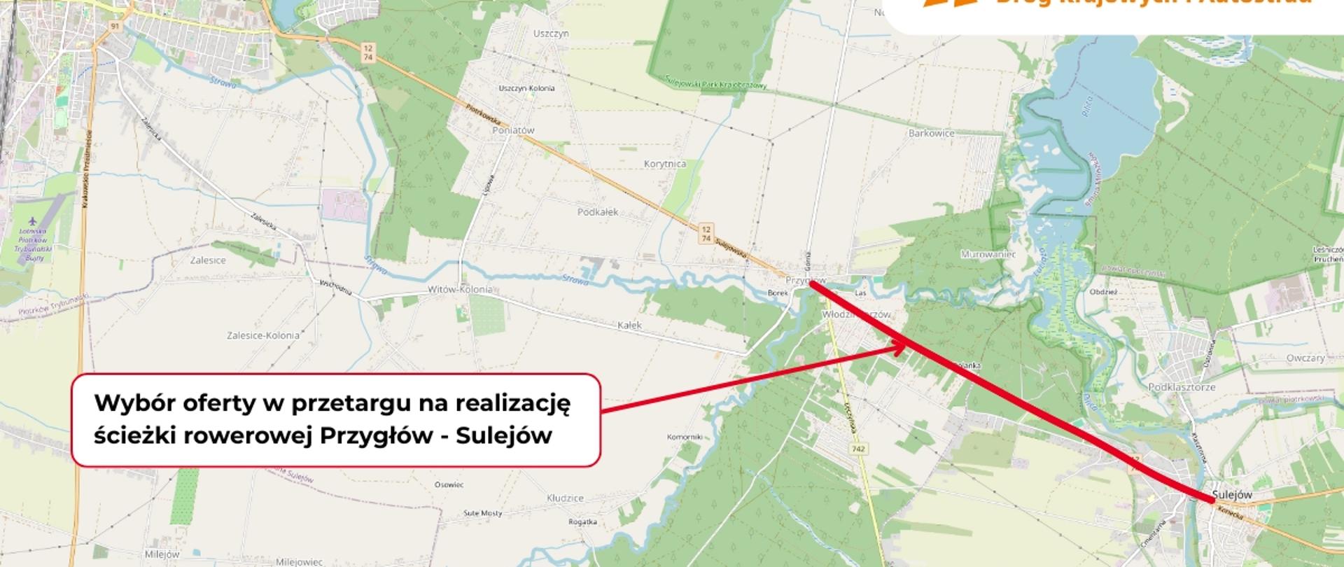 Mapa z zaznaczoną planowaną ścieżką rowerową wzdłuż DK12 między Przygłowem a Sulejowem, oznaczoną czerwoną linią