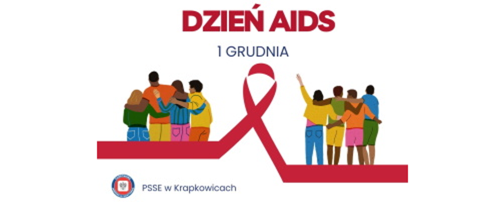 Światowy dzień AIDS. Grupki ludzi na tle czerwonej wstążki i napisu Światowy Dzień AIDS 1 grudnia.