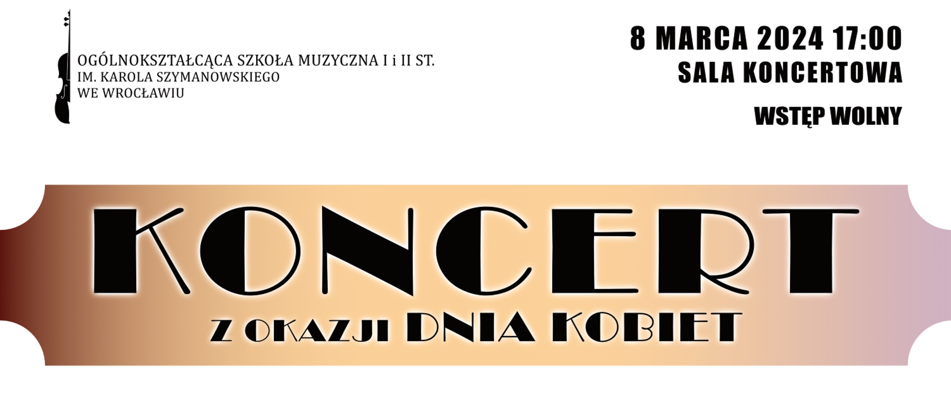 plakat zapowiadający Koncert z okazji Dnia Kobiet, zawierający grafikę stylizowaną głowę kobiety w kwiatowym wieńcu na pięciolinii 