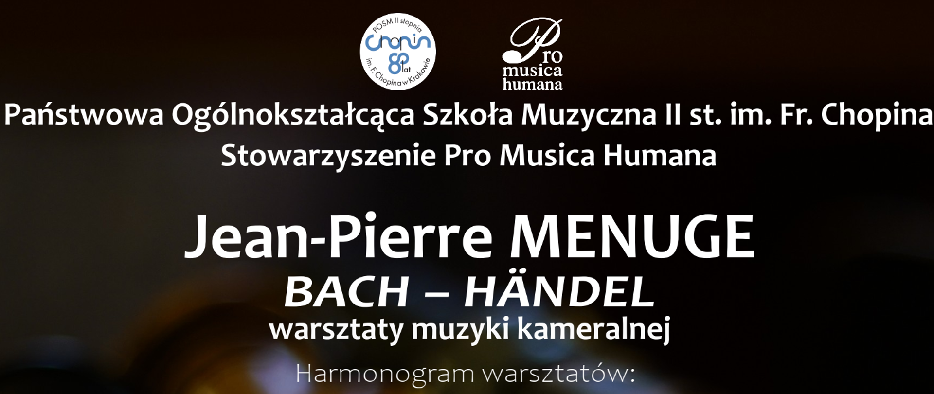 Plakat warsztatów, tło ciemne ze zdjęciem fletów, tekst: Jean-Pierre Menuge "Bach - Händel" Warsztaty muzyki kameralnej - styczeń 2026 r. oraz program warsztatów