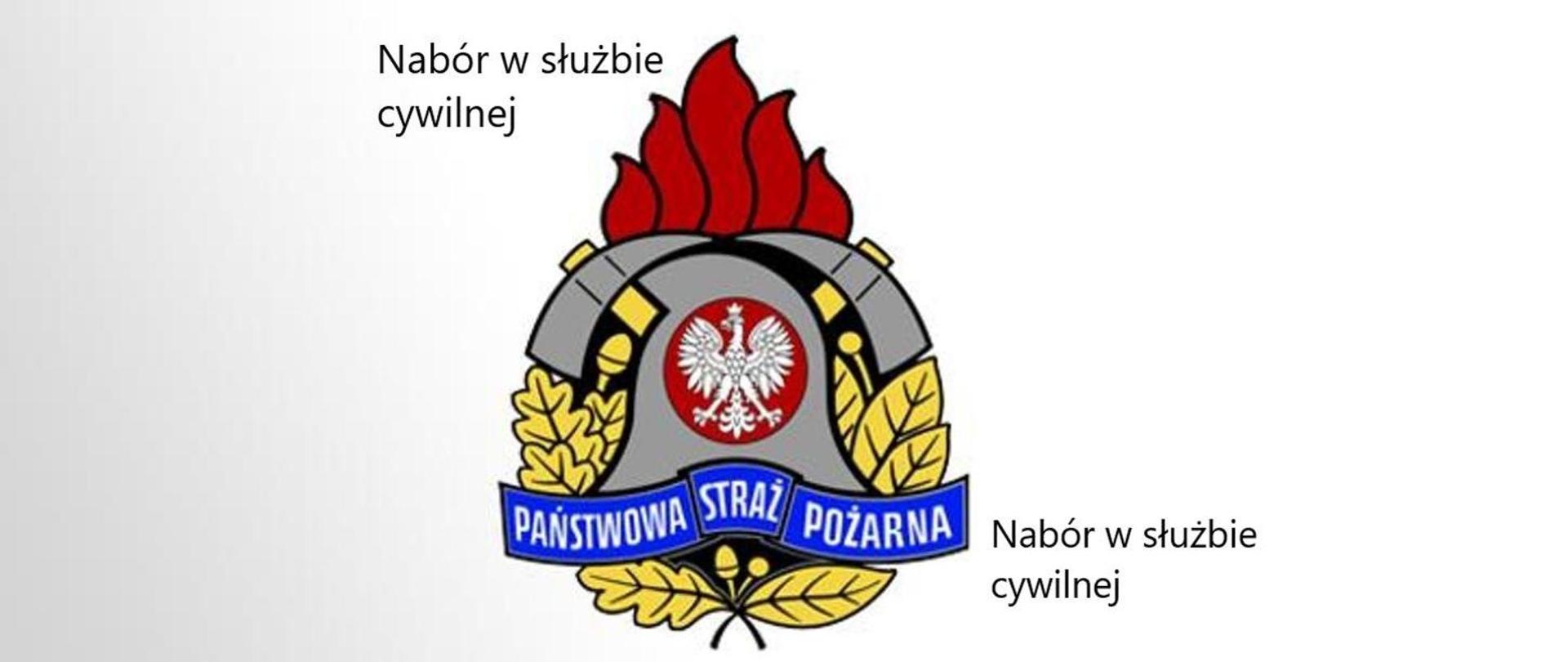 Na środku logotyp Państwowej Straży Pożarnej, w lewym górnym oraz prawym górnym roku logotypu napisy "Nabór w służbie cywilnej"