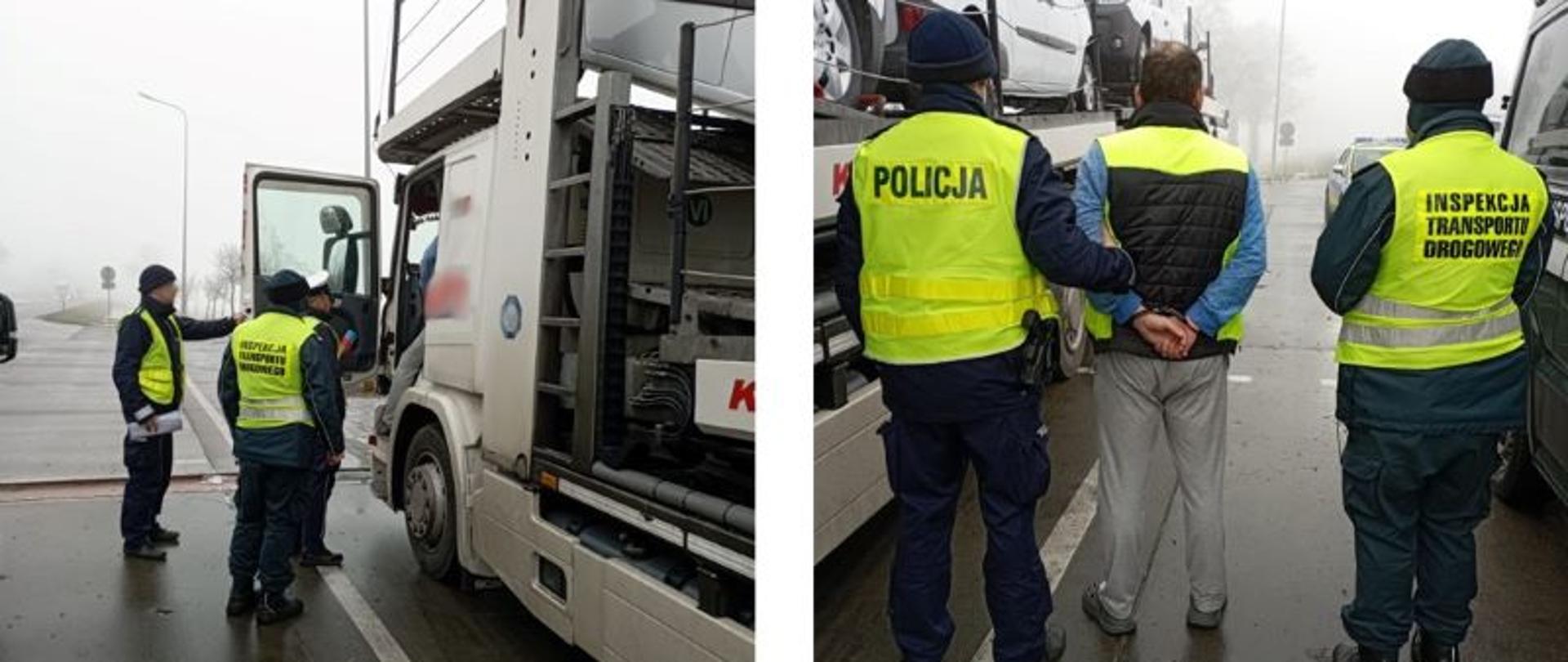 Widok inspektorów transportu drogowego i funkcjonariusza policji podczas kontroli