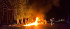 Zdjęcie przedstawia strażaków gaszących płonący samochód dostawczy