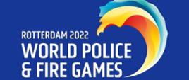 Na niebieskim tle logotyp Światowych Igrzysk Strażaków i Policjantów Rotterdam 2022 