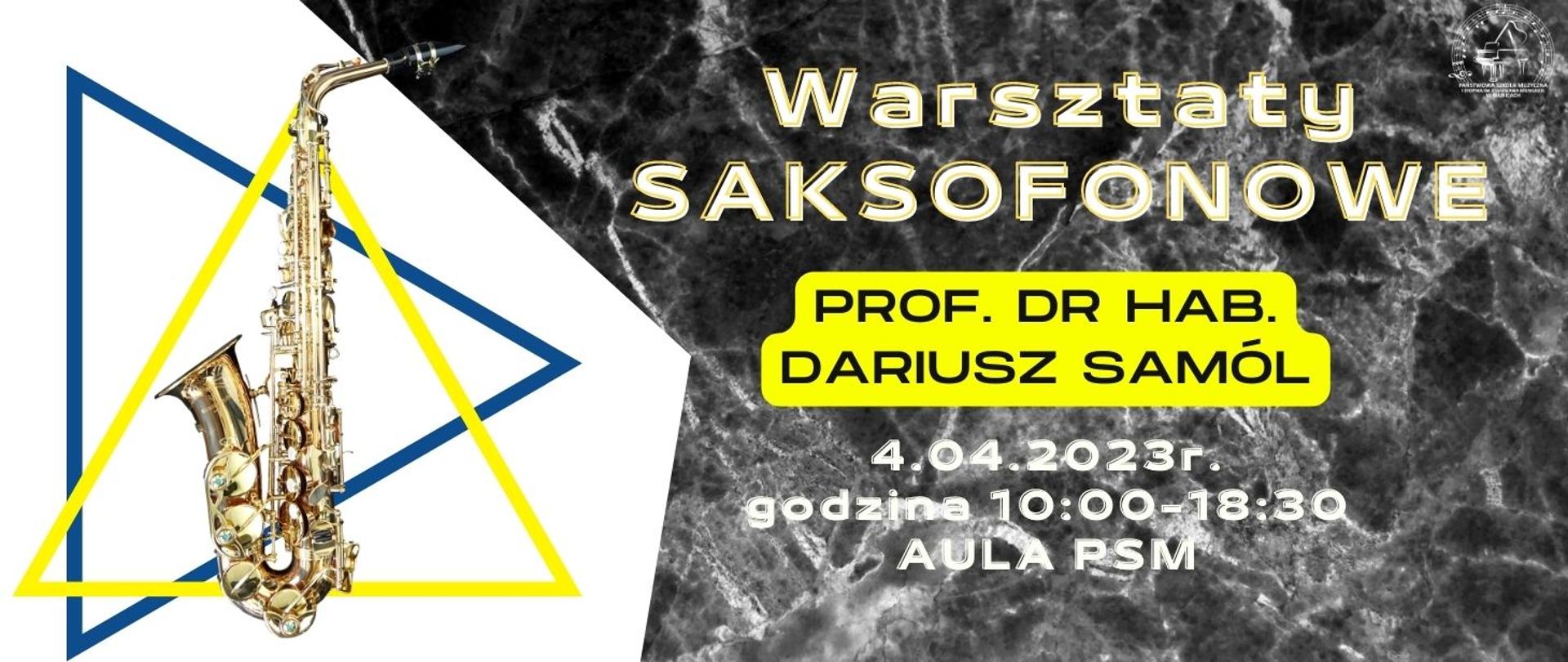 Zapowiedź warsztatów, z lewej strony rysunek saksofonu, z prawej nazwa, data i nazwisko osoby prowadzącej warsztaty.
