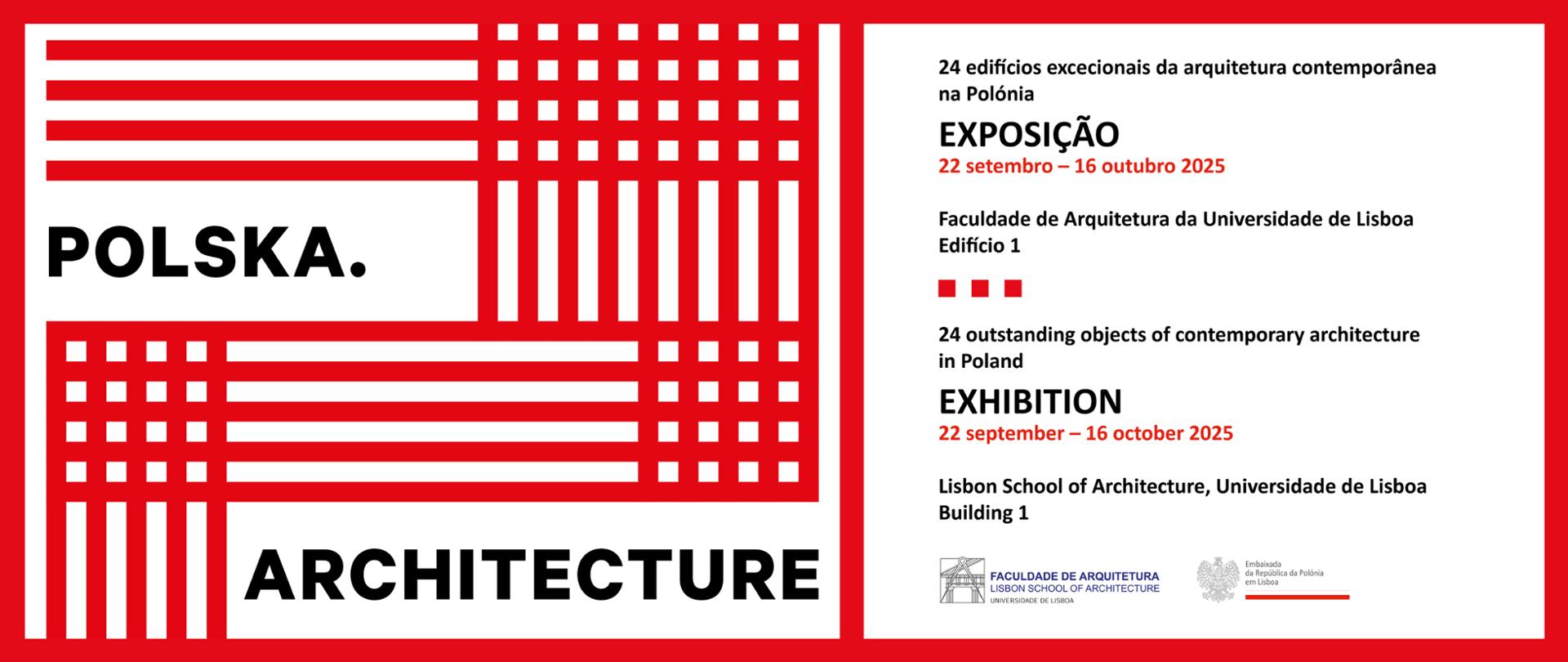 Grafika przedstawia krzyżujące się linie w kolorach polskiej flagi, pomiędzy którymi widnieje tytuł wystawy "Polska Architecture".