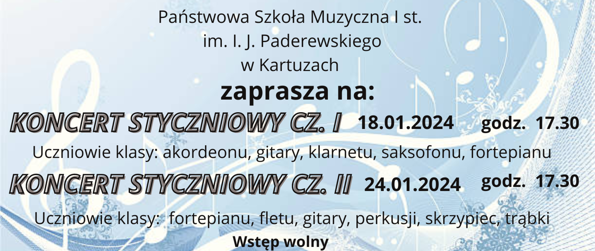 informacja o koncercie na błękitnym tle z nutami i kluczem wiolinowym