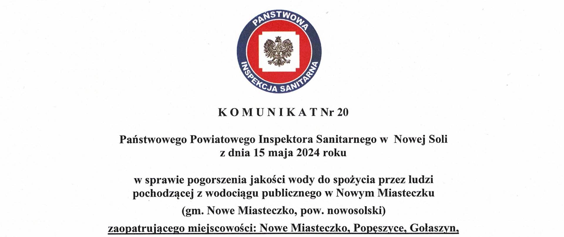 Komunikat nr 20 pogorszenie stanu wody Nowe Miasteczko