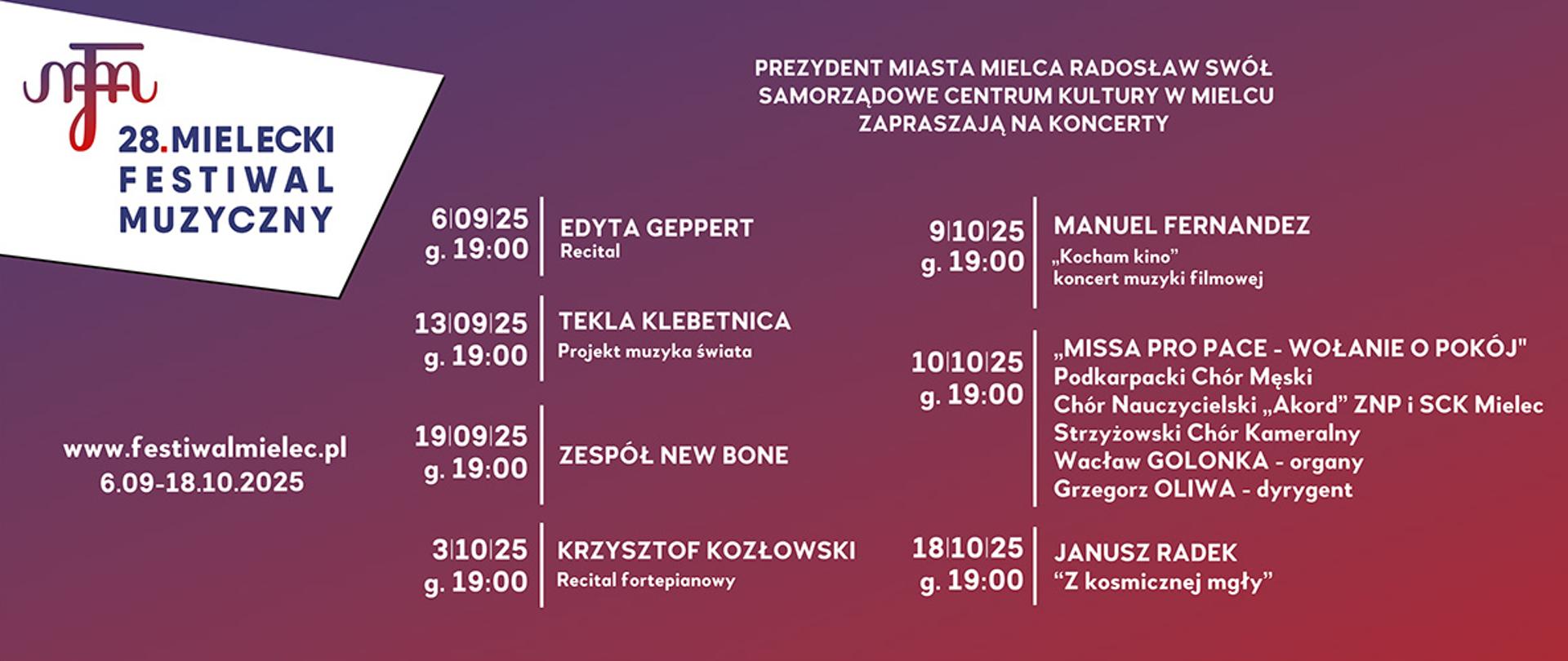 Plakat 28. Mieleckiego Festiwalu Muzycznego zapowiadający m.in. koncerty muzyki fortepianowej w Sali Królewskiej.