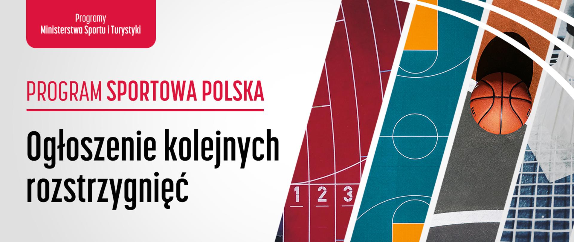 Grafika z napisem Program Sportowa Polska 2022 - ogłoszenie kolejnych rozstrzygnięć. Na grafice piłka do koszykówki, bieżnia lekkoatletyczna, zarys boiska sportowego