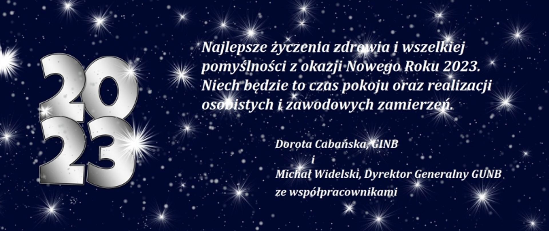 Kartka noworoczna z napisem „2023” i życzeniami w języku polskim od Doroty Cabańskiej i Michała Wideliskiego z GUNB.