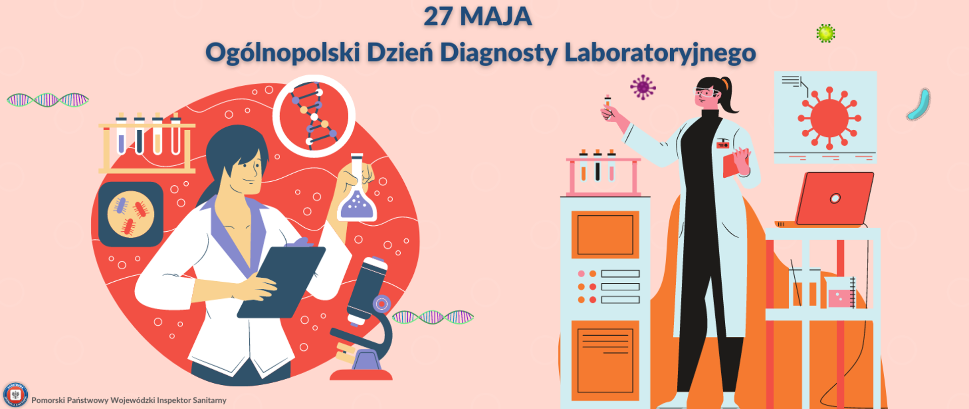 Na obrazku widać człowieka w kombinezonie covidowym, trzymającego długopis i wpisującego coś do karty. Obok namalowane są dwie probówki, para gogli oraz rękawice lateksowe. Po środku grafiki widniej logotyp Państwowej Inspekcji Sanitarnej.