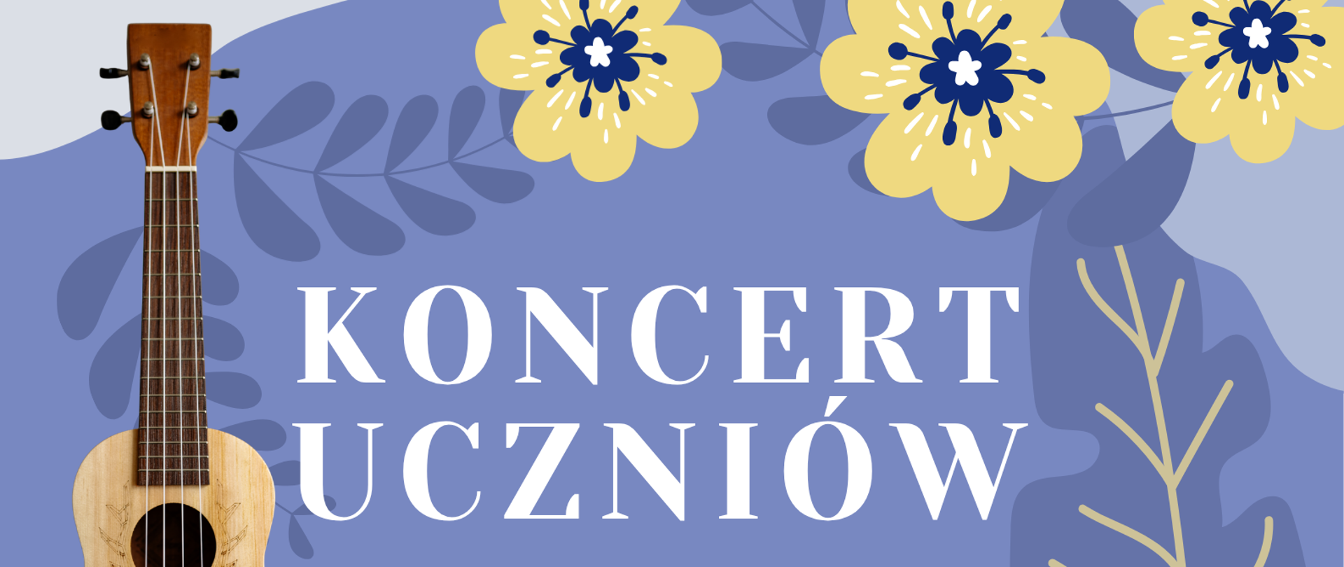 plakat Koncertu klas skrzypiec, gitary i fortepianu z motywami instrumentów i żółtych kwiatów na fioletowym tle