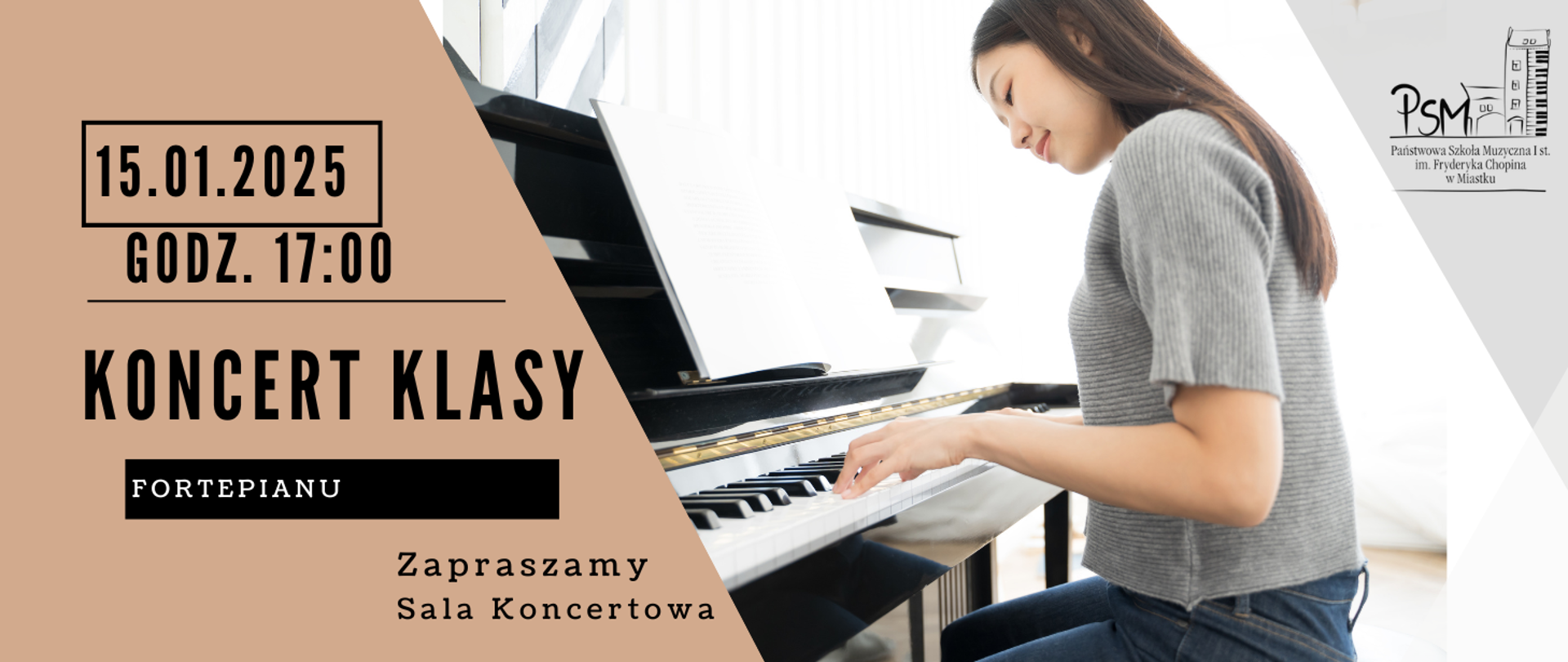 Grafika informująca o koncercie uczniów klasy fortepianu 15 stycznia 2025 roku o godz. 17:00 w sali koncertowej naszej szkoły.