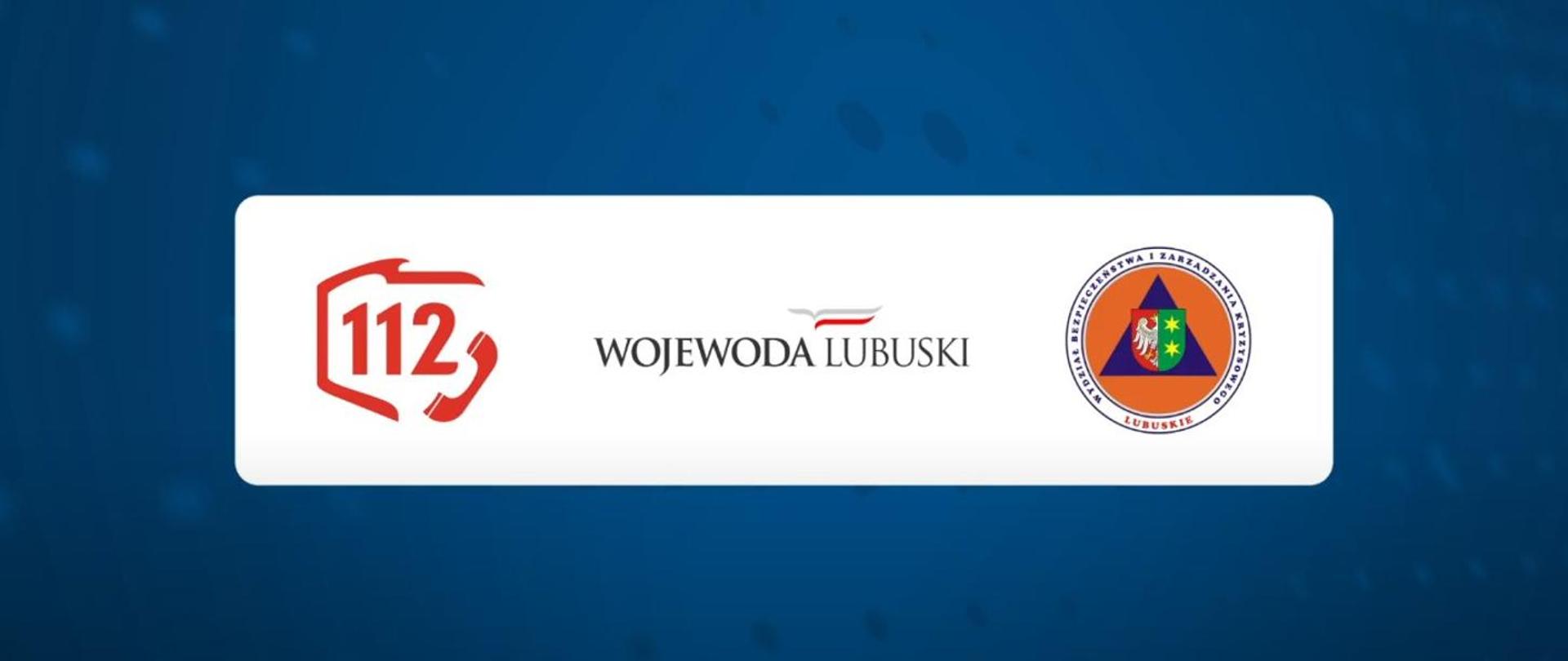 Baner przedstawia grafikę: na tle białego prostokąta o orientacji poziomej po jego lewej stronie logo numeru 112, na środku logo wojewody lubuskiego, po prawej stronie logo wydziału bezpieczeństwa i zarządzania kryzysowego w lubuskim urzędzie wojewódzkim.