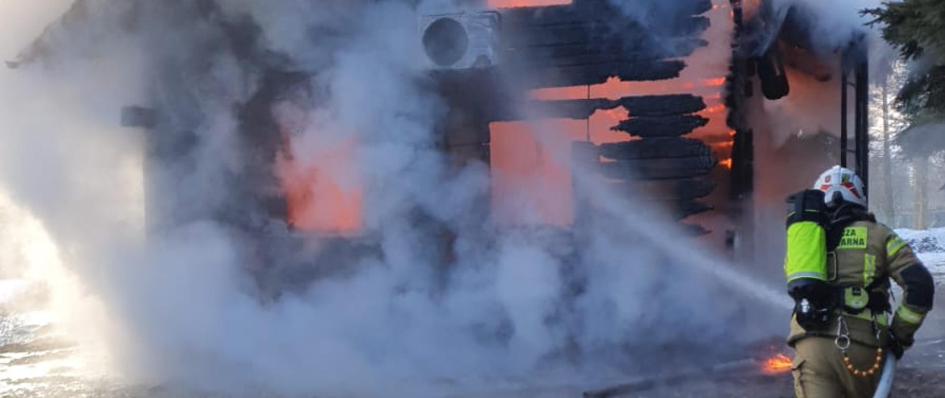 Zdjęcie przedstawia strażaków podczas gaszenia domku letniskowego.
W tle samochody strażackie, domek letniskowy i tereny zielone.
