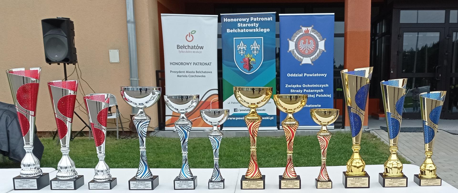 na zdjęciu widzimy dwanaście pucharów za różne konkurencje w tle budynek szkoły oraz reklamy sponsorów zawodów
