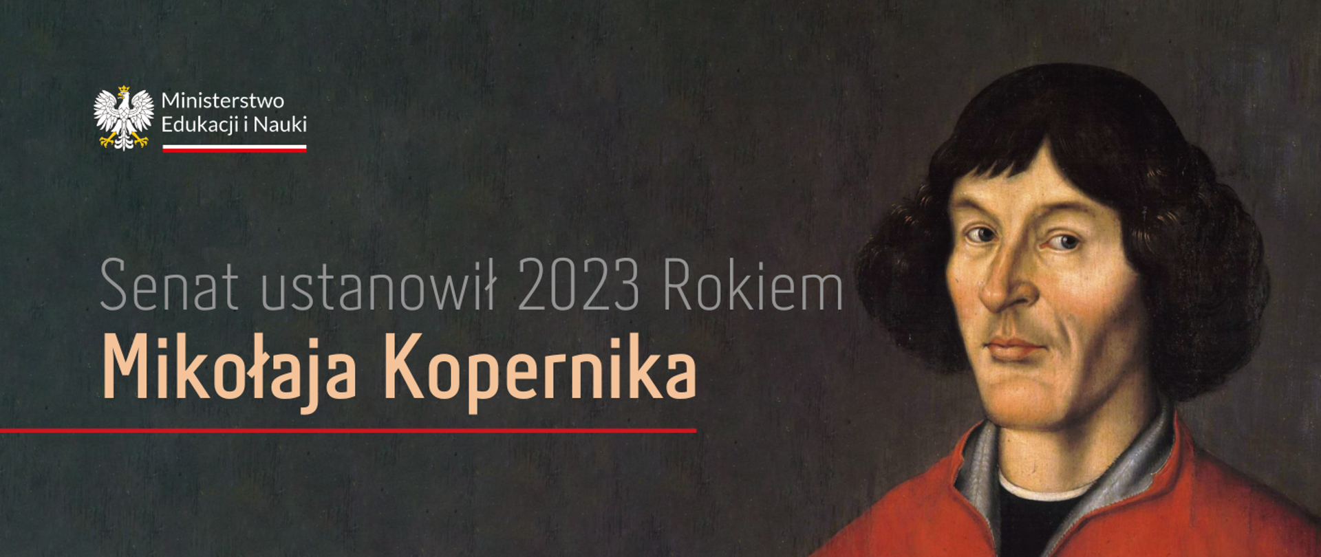 Grafika - na szarym tle twarz Mikołaja Kopernika i napis Senat ustanowił 2023 Rokiem Mikołaja Kopernika.