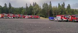 Zdjęcie przedstawia miejsce koncentracji sił i środków straży pożarnej. Samochody stojące na parkingu przed ćwiczeniami. 