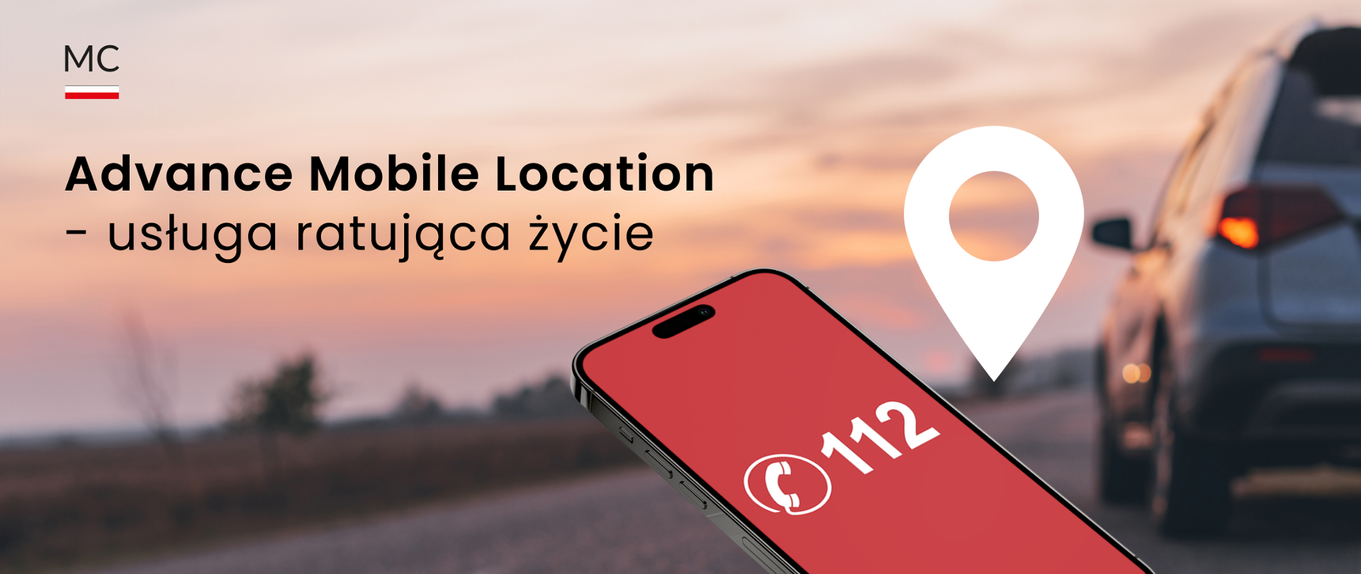 Tekst alternatywny: Advance Mobile Location – usługa ratująca życie, logo Ministerstwa Cyfryzacji, ekran smartfona z numerem 112
