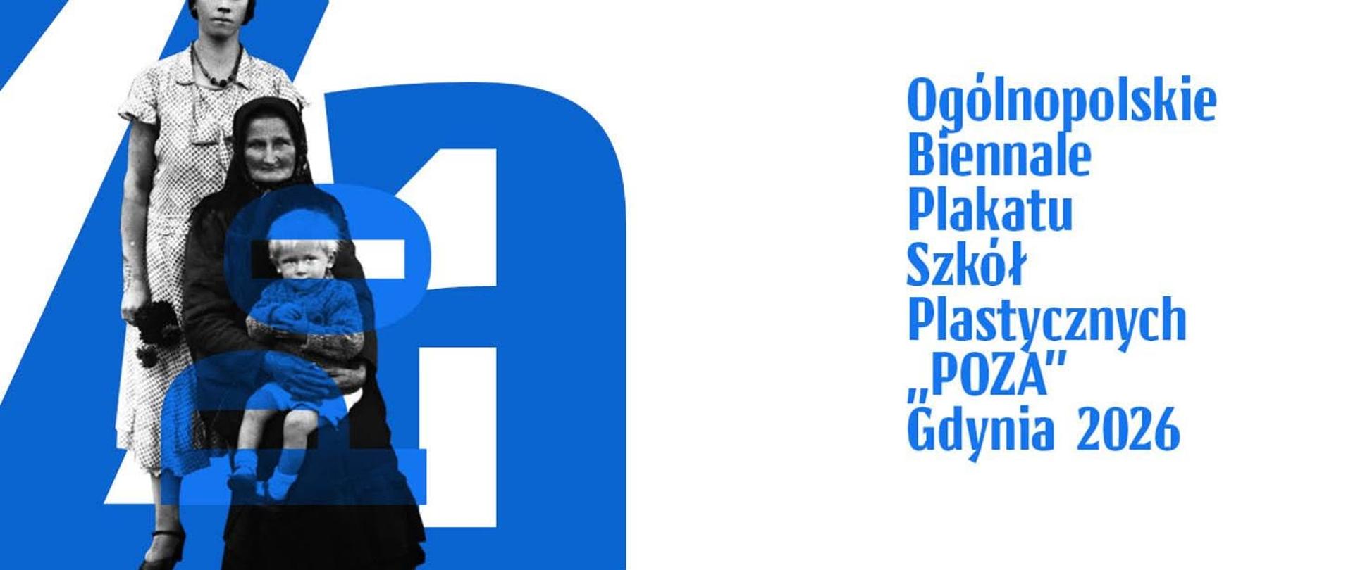 Plakat VIII Ogólnopolskiego Biennale Plakatu Szkół Plastycznych – POZA 2026, utrzymany w minimalistycznej błękitno-białej stylistyce, z lewej strony grafika przedstawiająca trzy postacie wkomponowane w geometryczne, białe kształty, z prawej strony napis: VIII Ogólnopolskie Biennale Plakatu Szkół Plastycznych – "POZA" Gdynia 2026