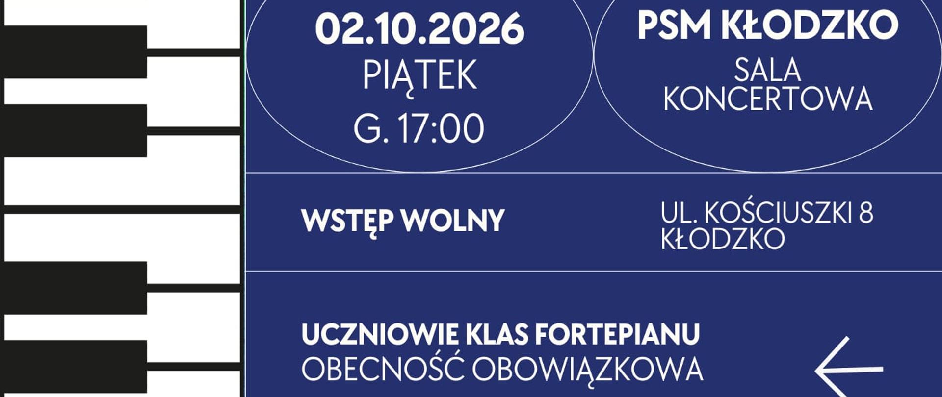 Plakat zapowiadający recital pianistyczny Krzysztofa Książka z okazji Międzynarodowego Dnia Muzyki. Koncert odbędzie się 2 października 2026 roku o godz. 17:00 w sali koncertowej PSM Kłodzko. Wstęp wolny.