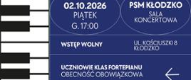 Plakat zapowiadający recital pianistyczny Krzysztofa Książka z okazji Międzynarodowego Dnia Muzyki. Koncert odbędzie się 2 października 2026 roku o godz. 17:00 w sali koncertowej PSM Kłodzko. Wstęp wolny.