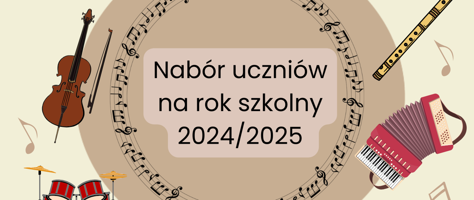 czarne napisy, kolorowe instrumenty na beżowym tle