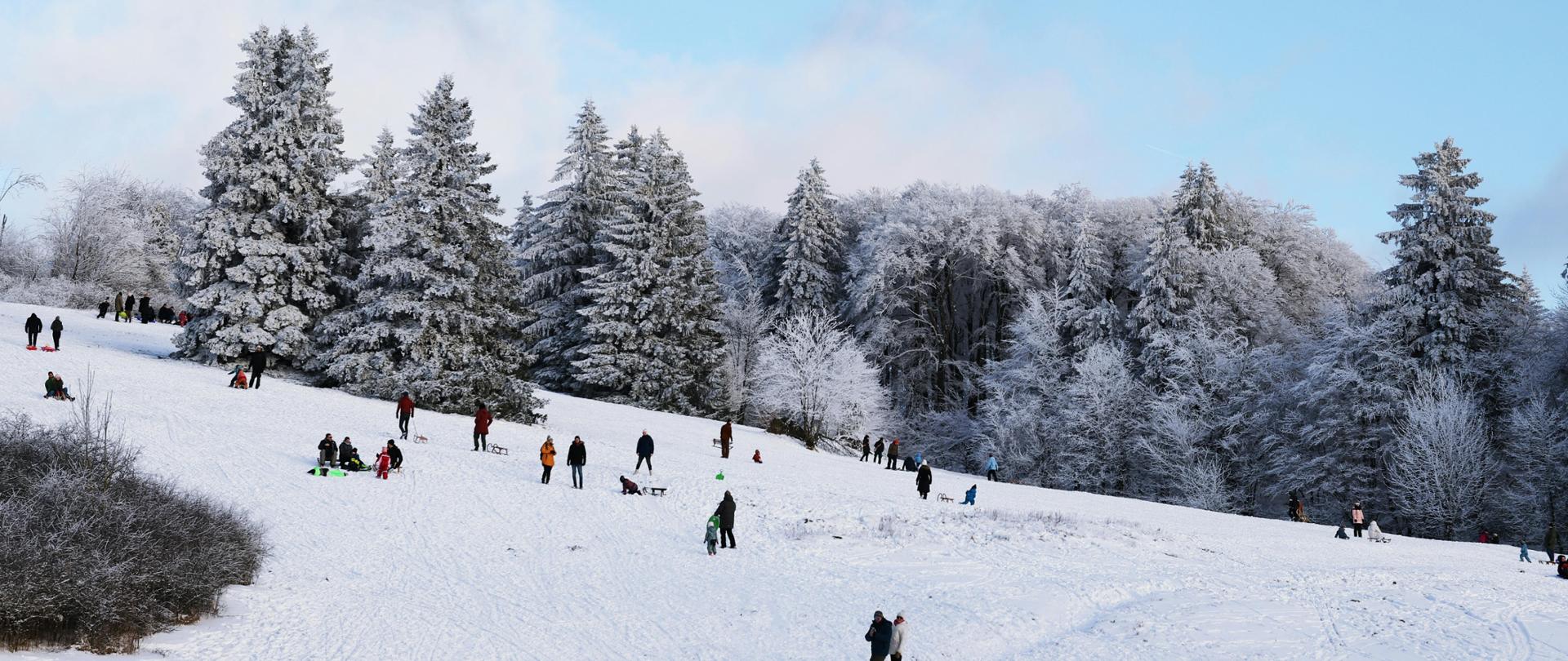 Dzieci bawiące się na śniegu i zjeżdżające z ośnieżonej górki