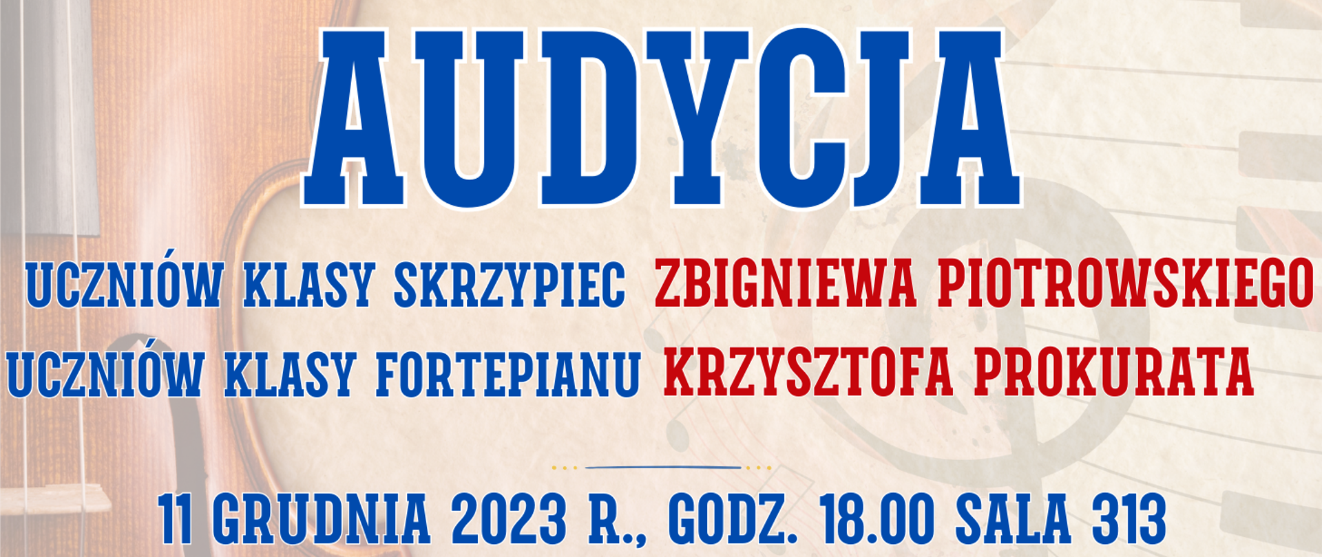 kolorowe tło z półprzezroczystymi skrzypcami oraz klawiaturą fortepianu oraz informacja o audycji