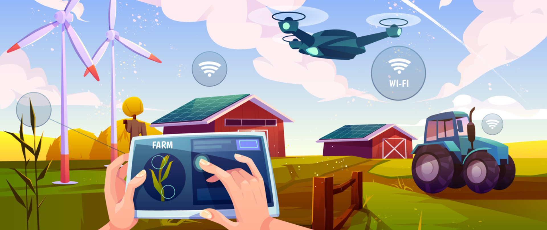 Nowoczesne gospodarstwo rolne z wykorzystaniem technologii przyszłości: na pierwszym planie dłonie obsługujące tablet z analizą upraw, w tle budynki gospodarcze z panelami słonecznymi, traktor, dron unoszący się nad polem oraz turbiny wiatrowe. Wokół widoczne symbole sieci Wi-Fi, podkreślające cyfryzację i innowacje w rolnictwie.