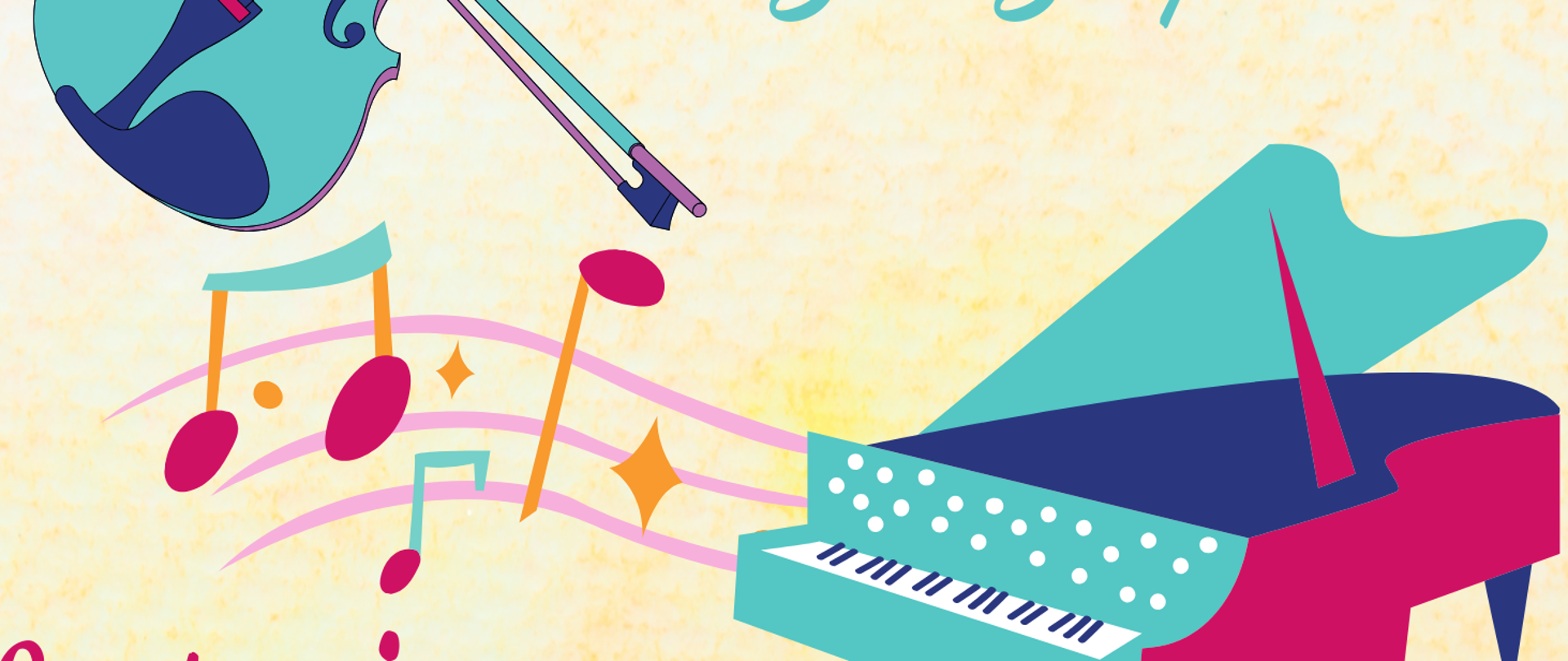 Grafika w odcieniach pastelowych - żółtych, z ikonografią skrzypiec i fortepianu. W tle znajdują się napisy: "Popis klasy skrzypiec mgr Agaty Klich i fortepianu mgr Lilii Tarasenko. 21 maja 2024 r., godz. 16.30, aula szkoły".