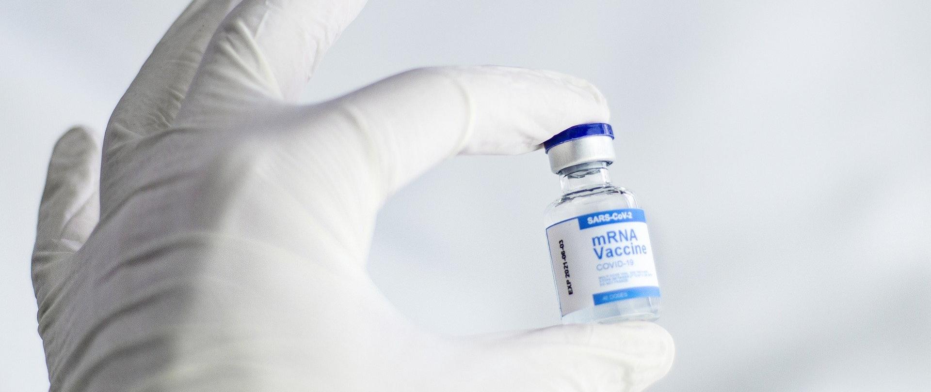 Dłoń w białych rękawiczkach trzymająca fiolkę ze szczepionką przeciwko COVID-19