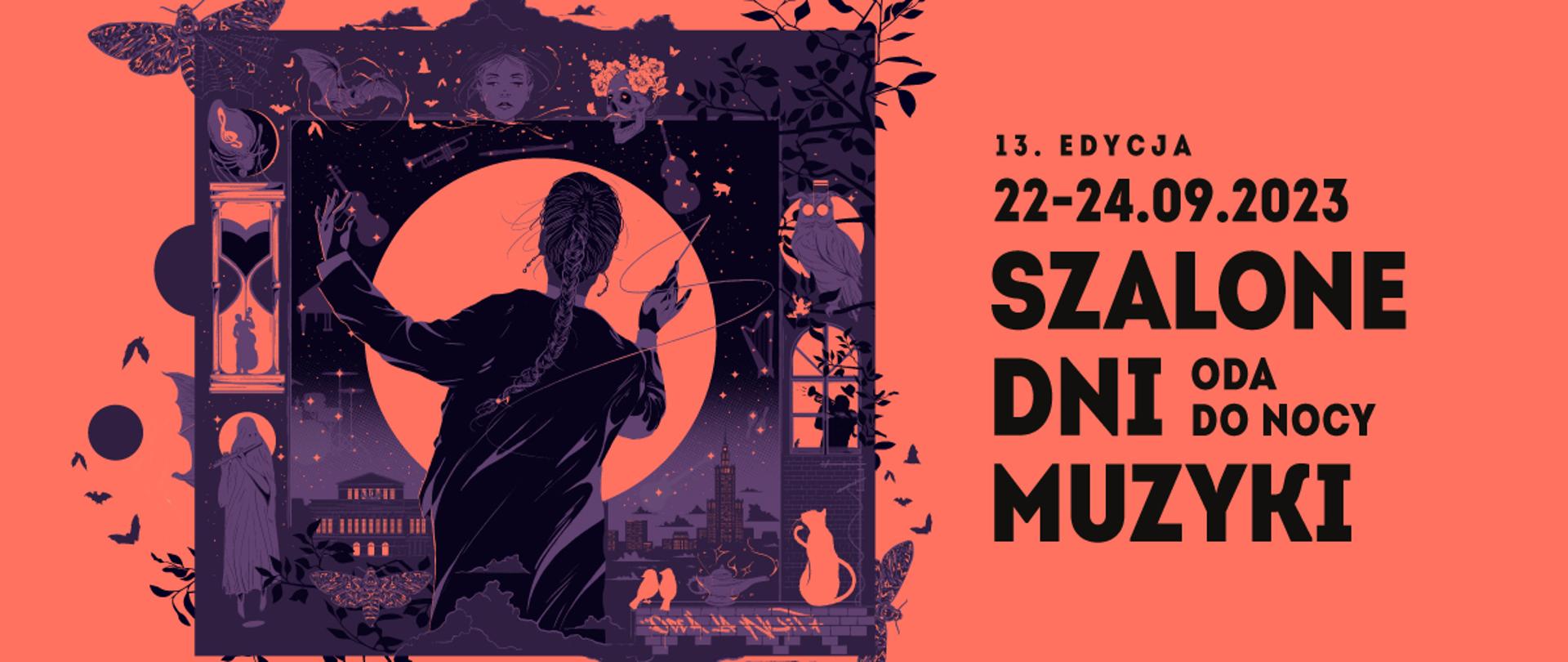 Na pomarańczowym tle grafika czarno fioletowa z dyrygentem, budynkami warszawskimi, instrumentami muzycznymi. Z prawej strony informacja o dacie imprezy.