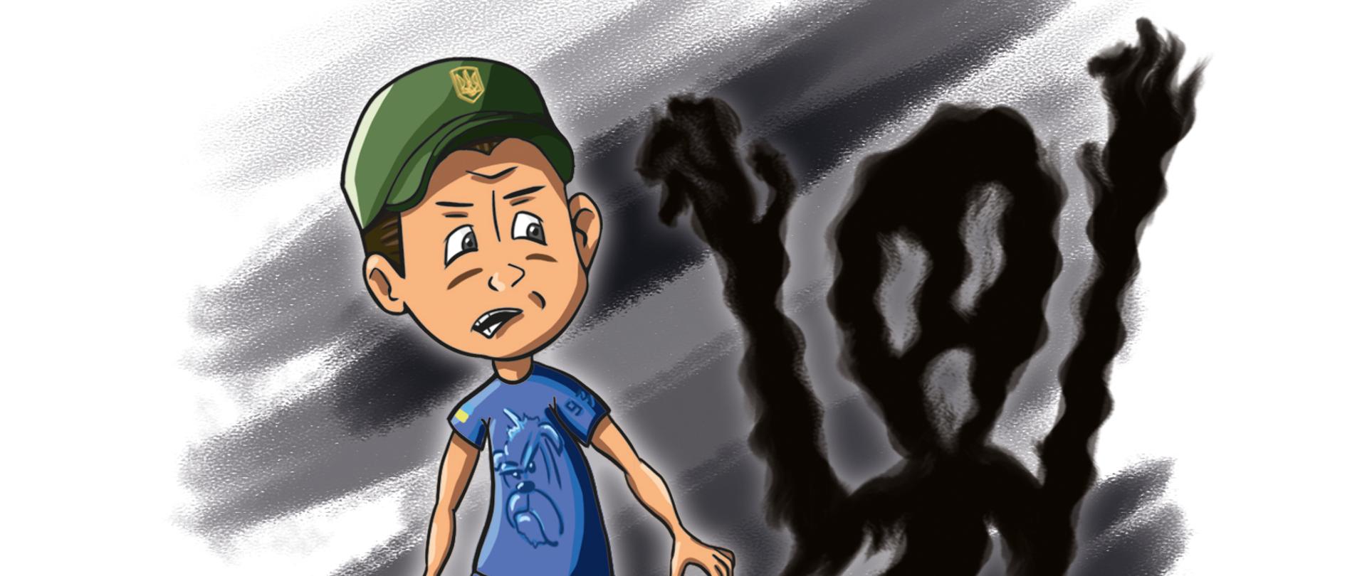 komiks przedstawiający żołnierkę i małego żołnierza, którzy rozmawiają. Komiks zawiera logotyp Polskiej pomocy oraz logotyp Fundacji Kalejdoskop kultur