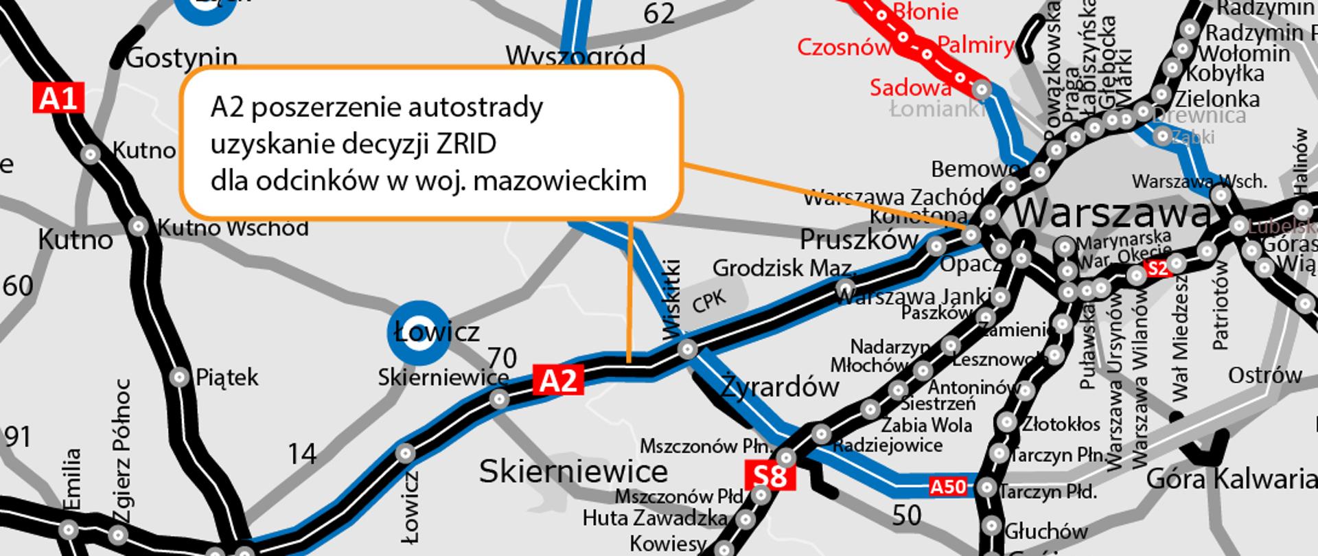 Mapa przedstawia sieć dróg w centralnej Polsce, ze szczególnym uwzględnieniem autostrad i dróg ekspresowych. Na mapie zaznaczone są główne miasta, takie jak Warszawa, Łódź, Płock i Radom. Kolorami oznaczono różne typy dróg: autostrady (czerwony), drogi ekspresowe (niebieski) oraz inne drogi krajowe (czarny). Wyróżniono również odcinki planowane do rozbudowy lub będące w trakcie budowy. Na mapie znajduje się tekst: "A2 poszerzenie autostrady uzyskanie decyzji ZRID dla odcinków w woj. mazowieckim"