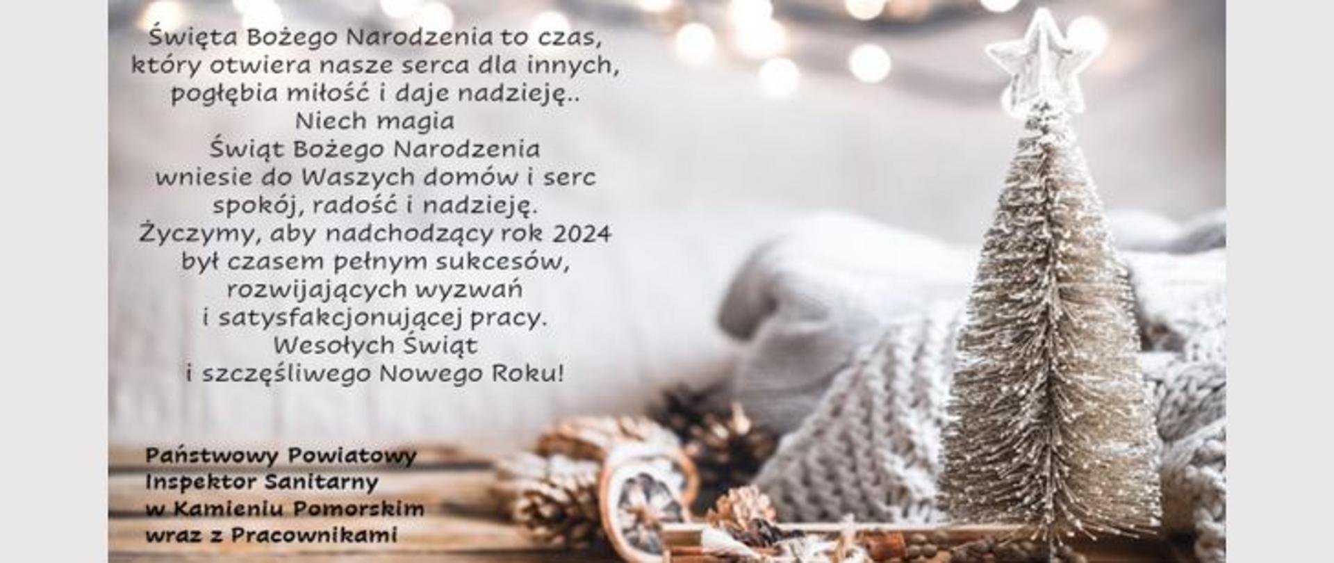 Grafika w jasnej tonacji, na drewnianej podłodze przy łóżku leży jasny pleciony koc, stoi mała sztuczna choinka z gwiazdą na czubku, leżą ususzone plasterki pomarańczy i szyszki. Z lewej strony życzenia świąteczne - Święta Bożego Narodzenia to czas, który otwiera nasze serca dla innych, pogłębia miłość i daje nadzieję. Niech magia Świąt Bożego Narodzenia wniesie do Waszych domów i serc spokój, radość i nadzieję,. Życzymy aby nadchodzący rok 2024 był czasem pełnym sukcesów, rozwijających wyzwań i satysfakcjonującej pracy. Wesołych Świąt i szczęśliwego Nowego Roku! Podpisane Państwowy Powiatowy Inspektor Sanitarny w Kamieniu Pomorskim wraz z pracownikami.