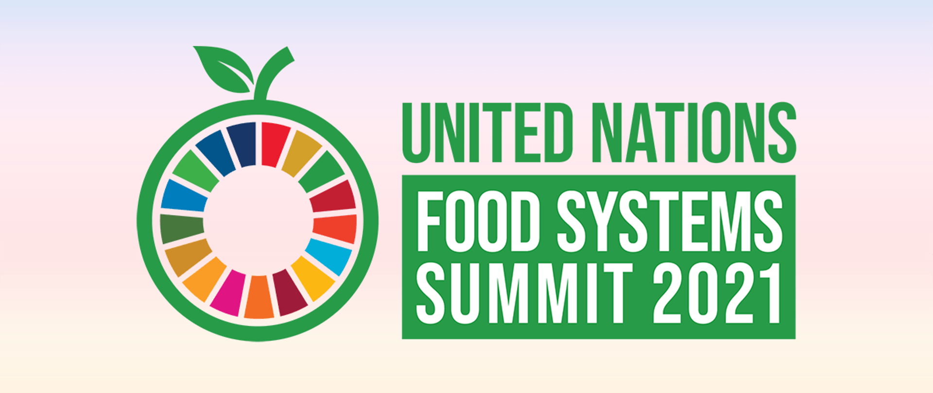 Graficzne symbol jabłka, w którym w środku znajdują się kolorowe kawałki wypełniające przestrzeń jabłka. Obok napis: United Nations Food Systems Summit 2021