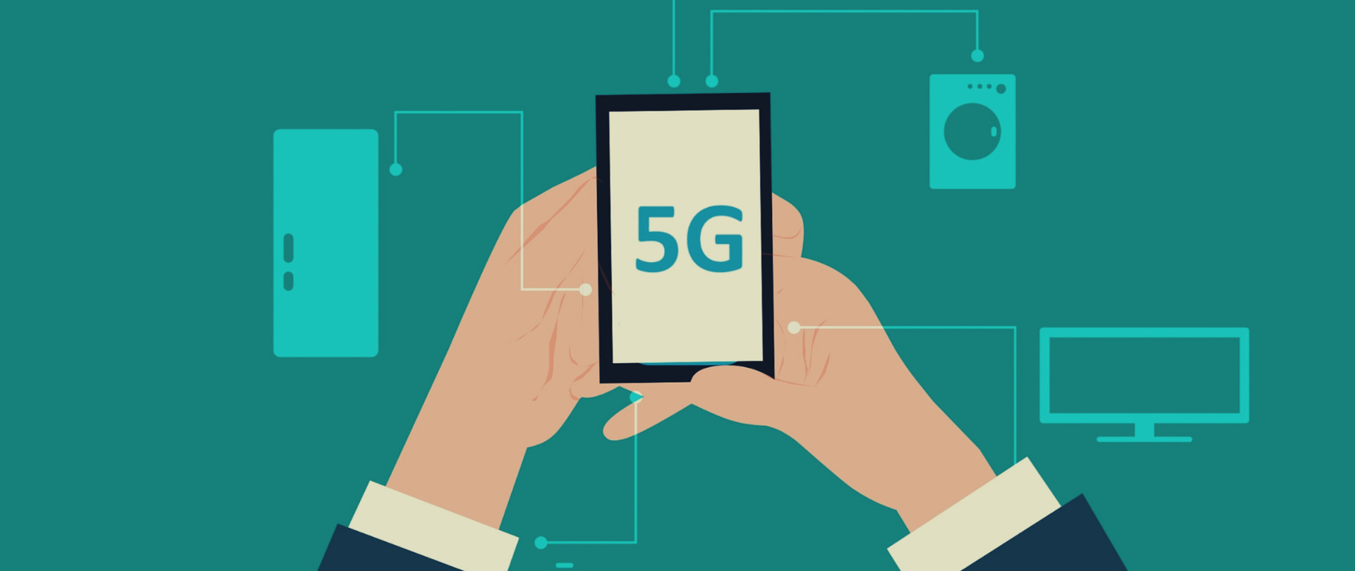 Grafika wektorowa - widok dłoni trzymających smartfon, na jego ekranie napis 5G, wokół symbole połączeń z innymi urządzeniami.