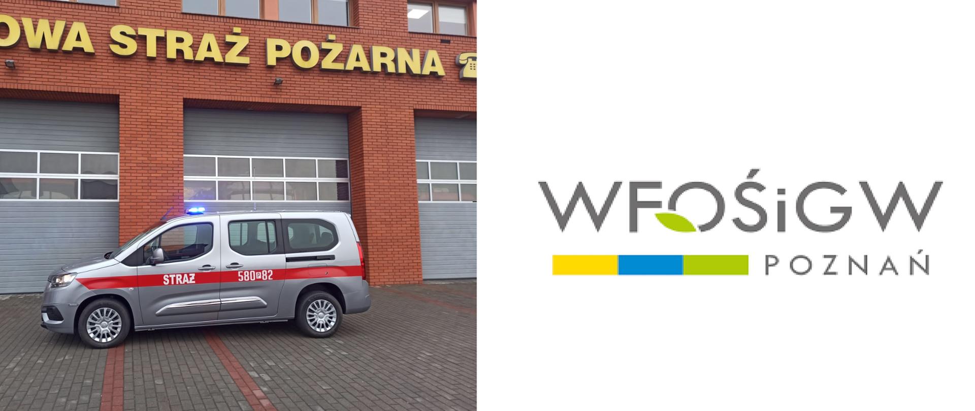 Srebrny samochód na tle budynku Straży Pożarnej obok logo WFOŚiGW