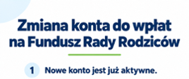 Informacja o zmianie numeru rachunku Funduszu Rady Rodziców. Nowe konto w Nadsańskim Banku Spółdzielczym w Stalowej Woli. Stare konto będzie działać do końca października. Grafika zawiera nowy numer rachunku.