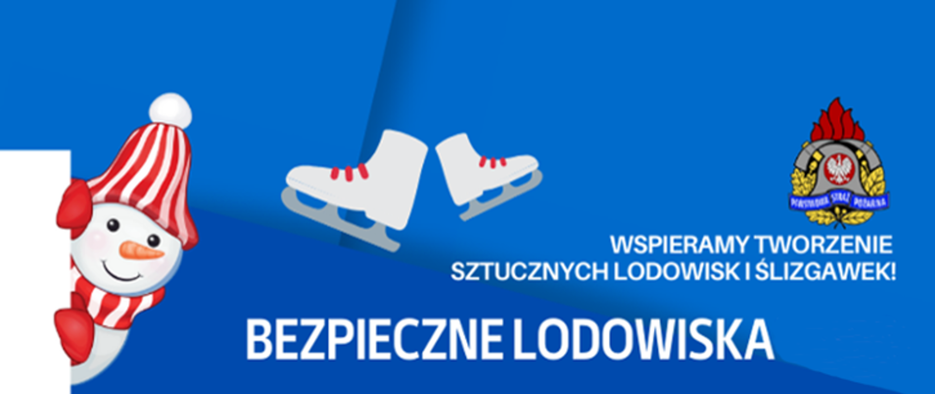Zdjęcie przedstawia logo akcji bezpieczne lodowiska. Logo koloru niebieskiego. Na logo widać również logo PSP, łyżwy i bałwana