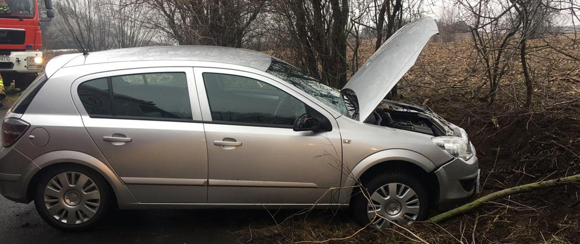 Samochód osobowy marki Opel zjechał z drogi i uderzył w przydrożne drzewa