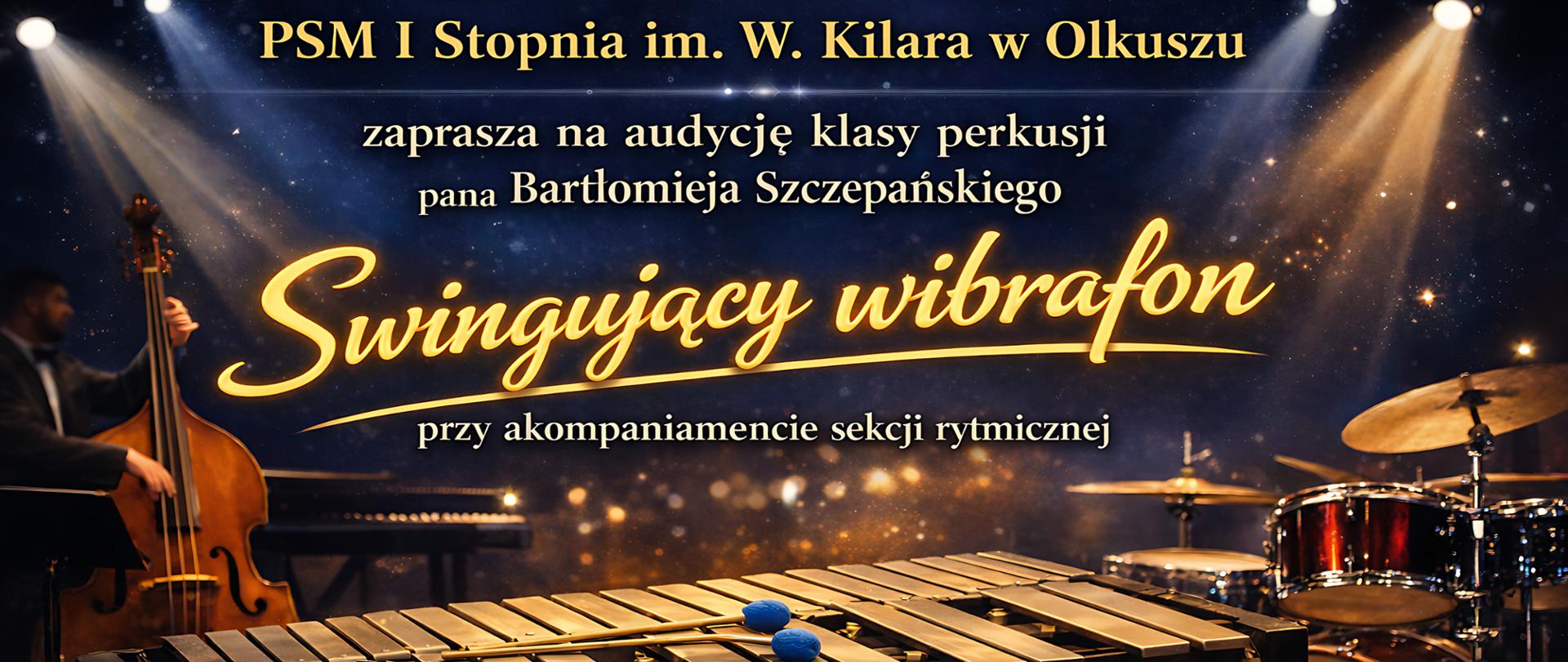 w tle światła sceny, perkusja, kontrabas i fortepian, na pierwszym planie wibrafon, żółte napisy