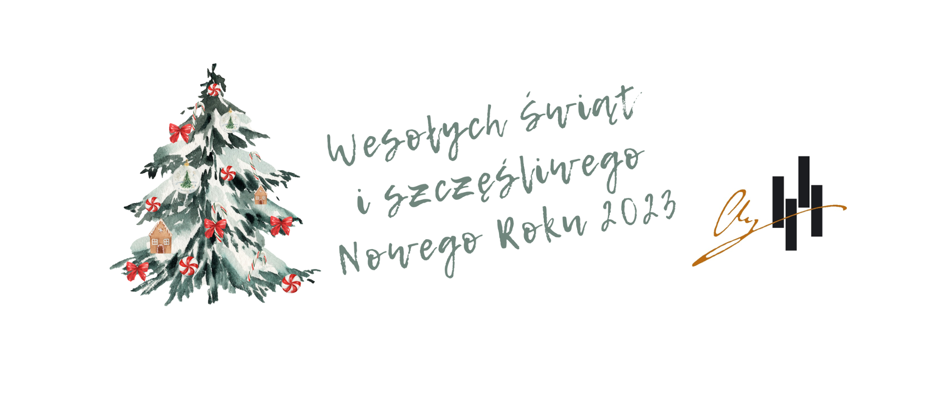 Plakat na białym tle przedstawia po lewej stronie choinkę poprószoną śniegiem w kokardki, lizaki, bombki oraz pierniki. Po prawej stronie logo szkoły muzycznej a w środku napis Wesołych Świąt i szczęśliwego Nowego Roku 2023. 