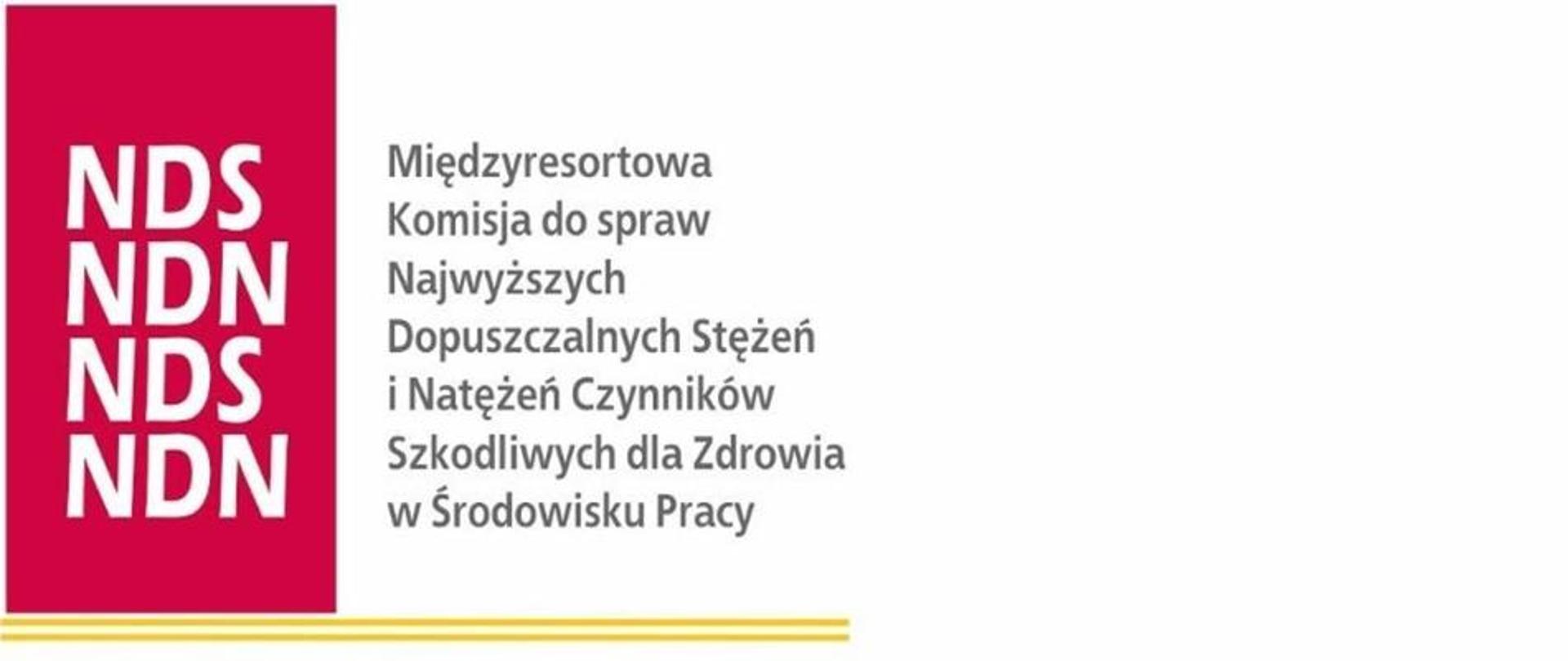 Po lewej stronie na czerwonym tle litery NDS pod nimi NDN pod nimi NDS pod nimi NDN. Po prawej stronie na białym tle napis: Międzyresortowa Komisja do spraw Najwyższych Dopuszczalnych Stężeń i Natężeń Czynników Szkodliwych dla Zdrowia w Środowisku Pracy