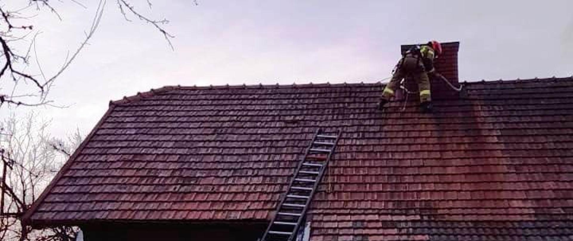 Strażacy przed budynkiem gdzie pali się sadza w kominie. Do budynku przystawiona drabina. Obok komina strażak.